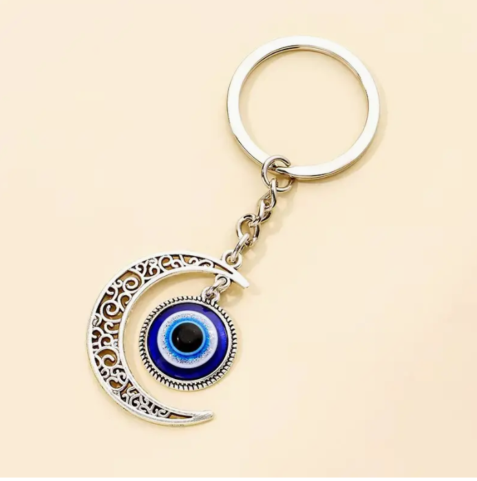 Blue Evil Eye and Moon Keychain