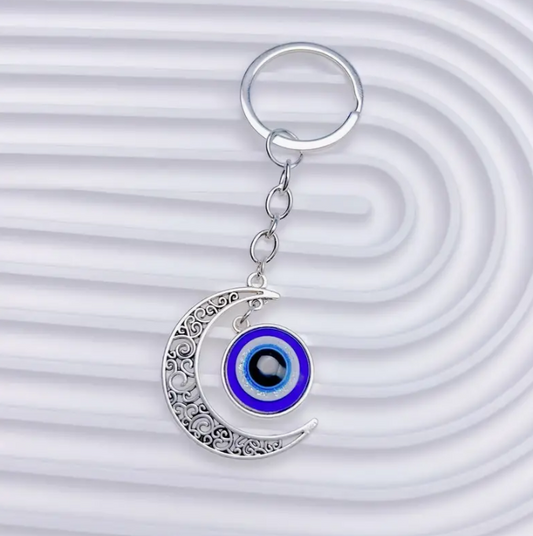 Blue Evil Eye and Moon Keychain