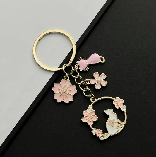 Pink and White Floral Cat Keychain with Charms